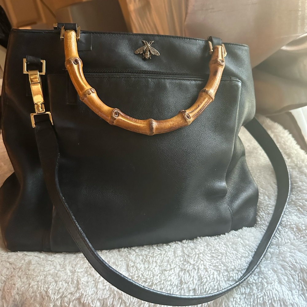 Black Leather Bag with Bamboo Handle